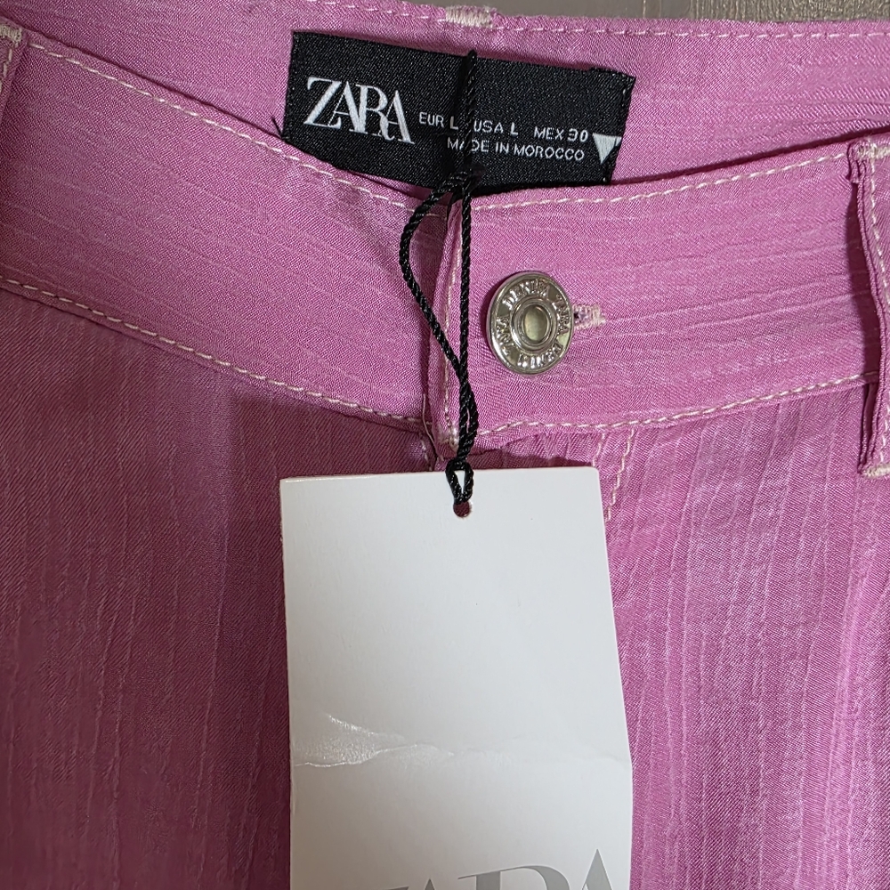 NWT Pink Zara High Waist Wide Leg Bubblegum Pink Trousers Pants Large - Picture 3 of 6
